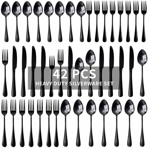 Kikcoin 42 Pcs Silverware Set for 8, Stainless Steel Flatware Set, Mirror-Polished Spoons, Forks and Knife Set, Cutlery Utensils Set for Kitchen, Wedding and Restaurant, Black