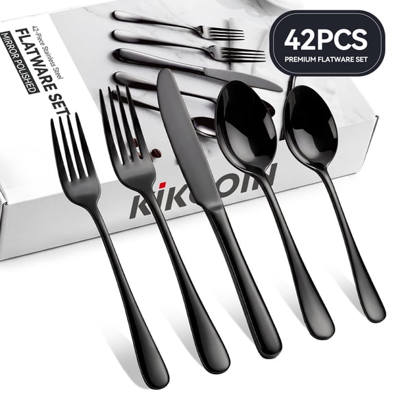 Kikcoin 42 Pcs Silverware Set for 8, Stainless Steel Flatware Set, Mirror-Polished Spoons, Forks and Knife Set, Cutlery Utensils Set for Kitchen, Wedding and Restaurant, Black