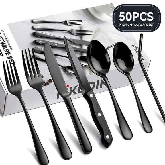 Kikcoin 50 Pcs Silverware Set for 8, Stainless Steel Flatware Set, Mirror-Polished Fork Knife Set, Cutlery Utensils Set for Kitchen, Steak Knife Included, Black