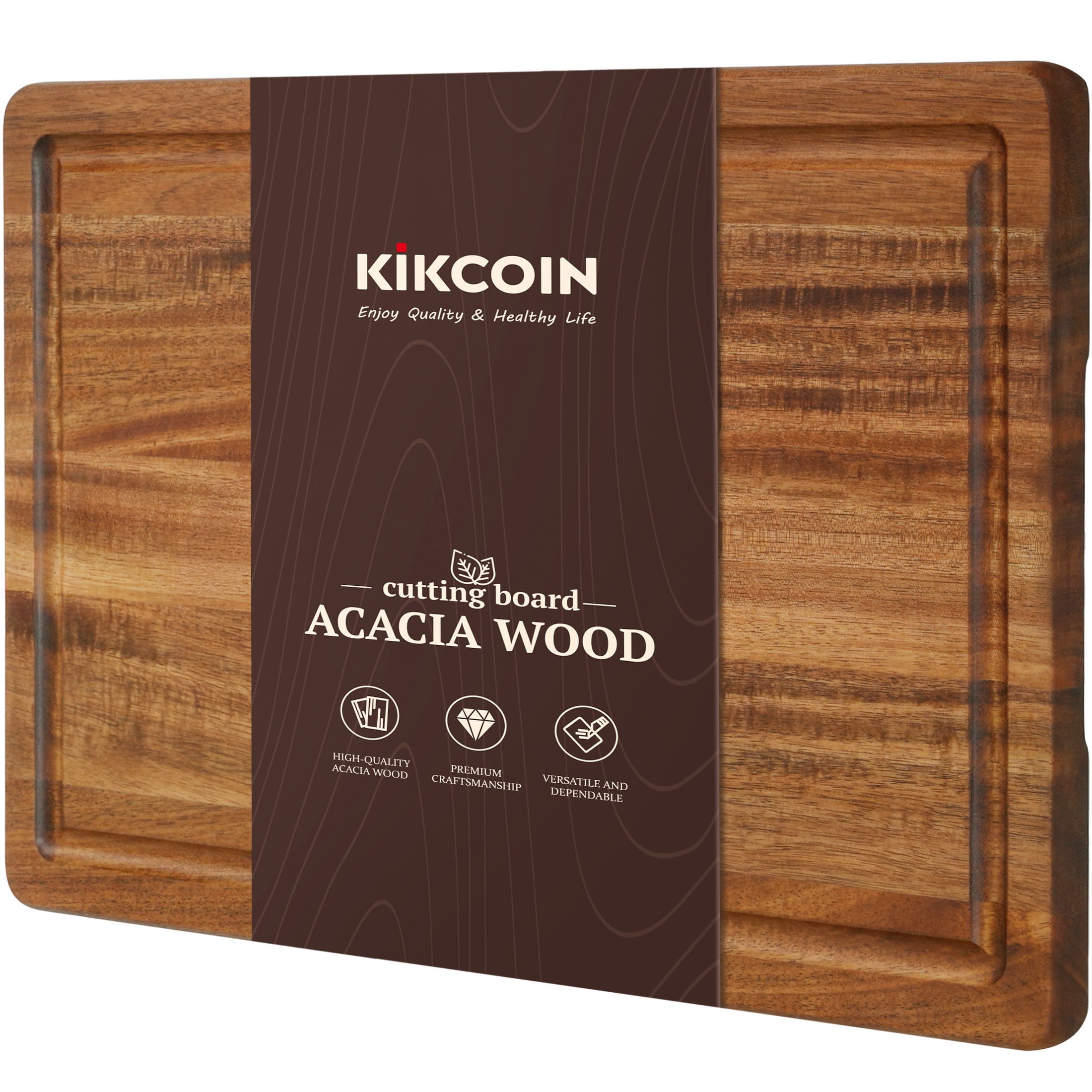 Kikcoin Acacia Wood Cutting Board, 16"x 10" Solid Cutting Board with Juice Grooves & Side Handles, Natural Wood Chopping Board for Kitchen, Serving Tray