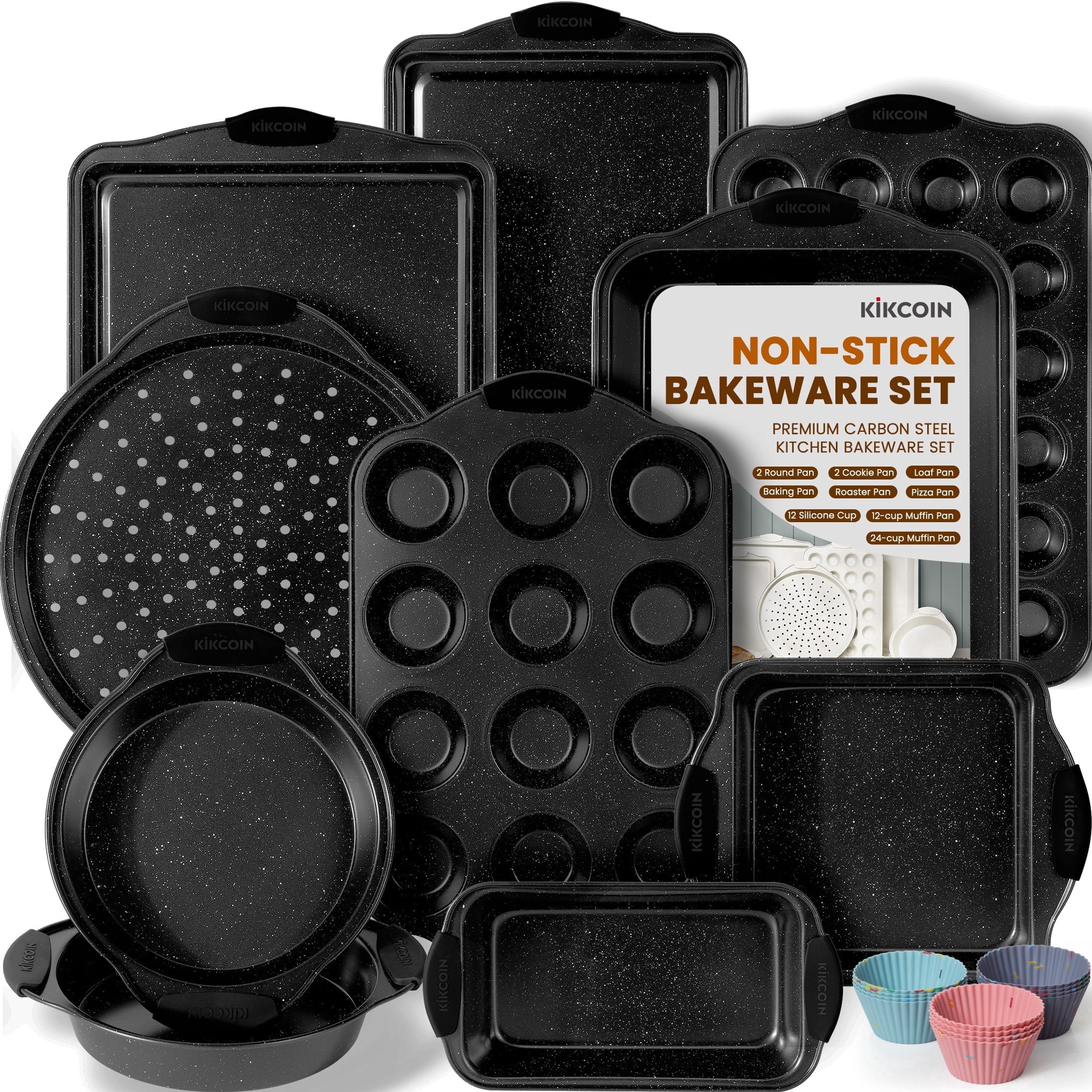 Kikcoin Bakeware Set, Carbon Steel Baking Pans Set, Baking Sheet Pans for Kitchen with Silicone Handles, Nonstick Cookie Sheets