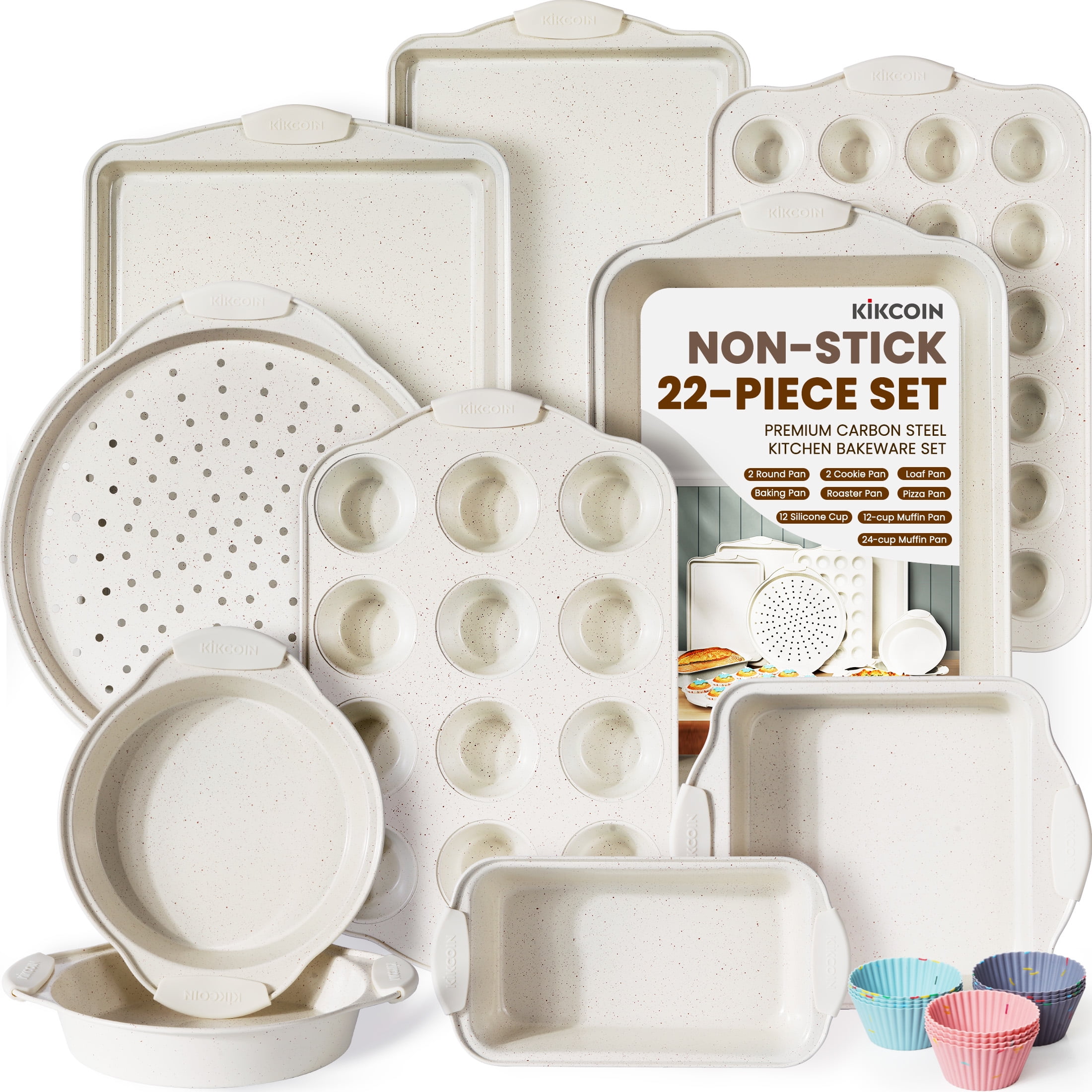 Kikcoin Bakeware Set, 22-Piece Baking Pans Set Kitchen Carbon Steel Baking Sheet Pans with Silicone Handles, Cookie Sheets Nonstick(Beige) - Walmart.com