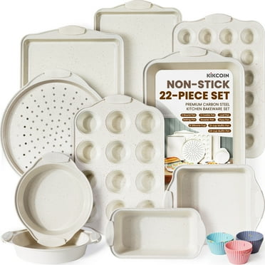 Kikcoin Bakeware Set, 22-Piece Baking Pans Set Kitchen Carbon Steel Baking Sheet Pans with Silicone Handles, Cookie Sheets Nonstick(Beige)