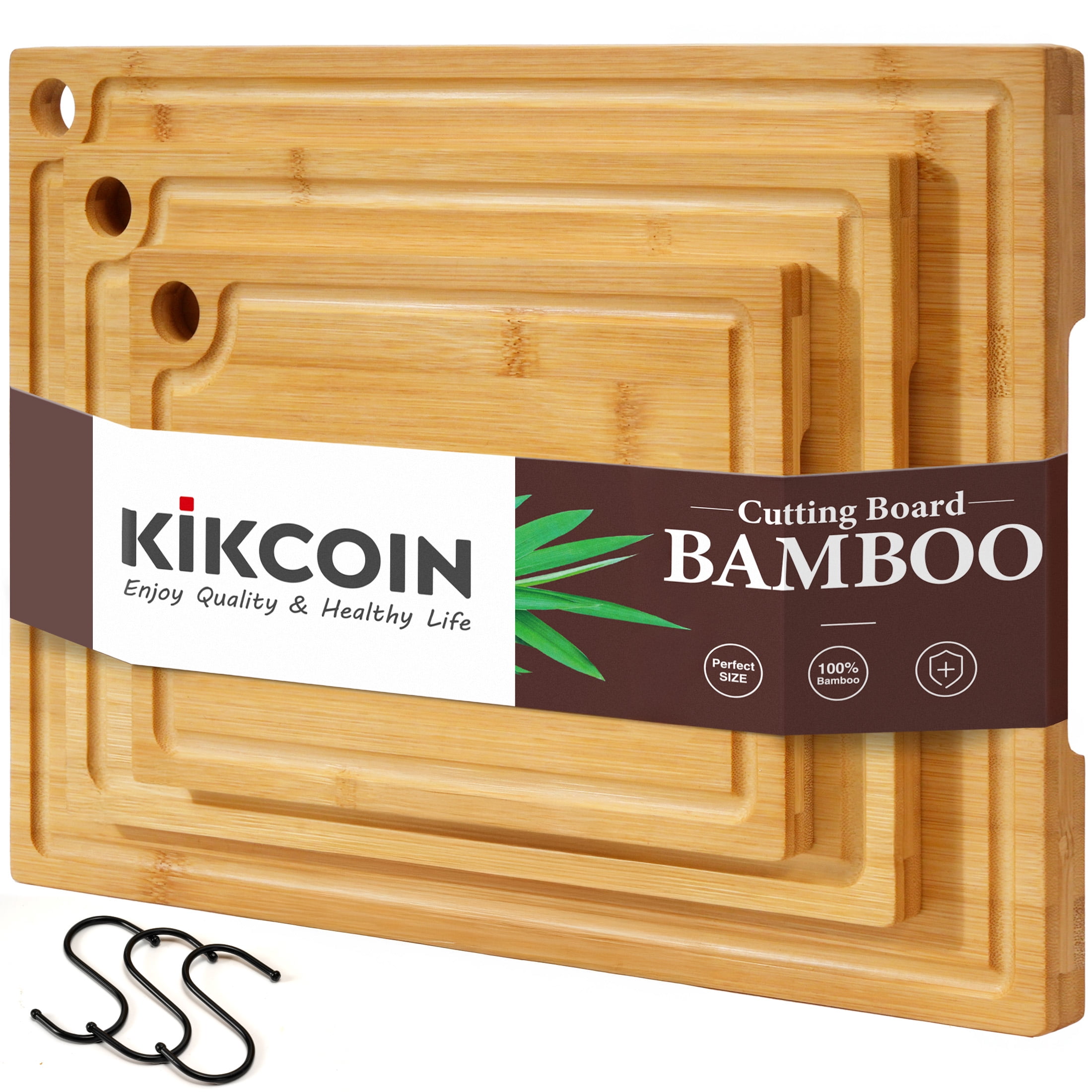 Kikcoin Bamboo Cutting Board, 3 Pcs Cutting Board with 3 Hooks, Wood Chopping Boards for Kitchen, Deep Juice Groove for Vegetables and Meat