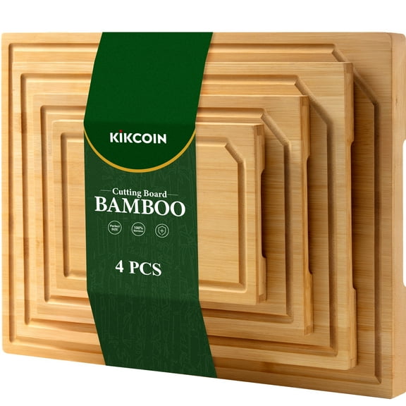 Kikcoin Cutting Board, 4 Pcs Extra Large Bamboo Cutting Boards for Kitchen, Wood Serving Tray with Juice Groove