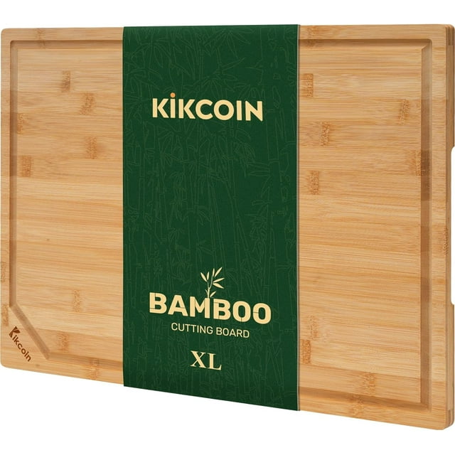 Kikcoin Bamboo Cutting Boards for Kitchen, with Deep Juice Groove and Inner Handle, XL, 17.6" x 12"