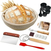 Kikcoin Bread Proofing Basket, 9 Inch Round Sourdough Proofing Basket with Linen Liner, Bread Lame and Dough Whisk for Kitchen