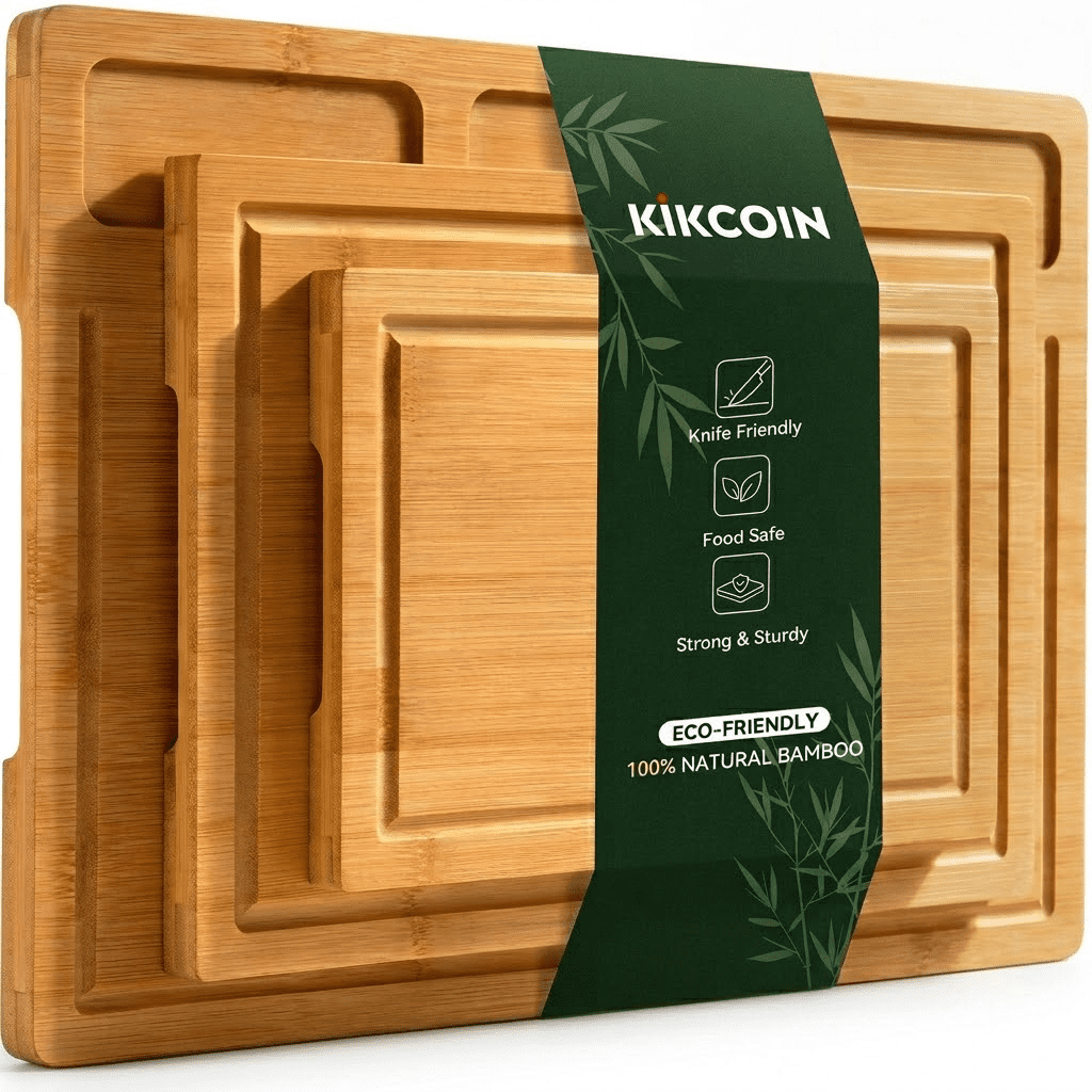 Kikcoin Cutting Board Set of 3, Bamboo Cutting Boards for Kitchen, Non-slip Wooden Chopping Boards with Juice Grooves, Reversible Charcuterie Board for Fruit, Meat