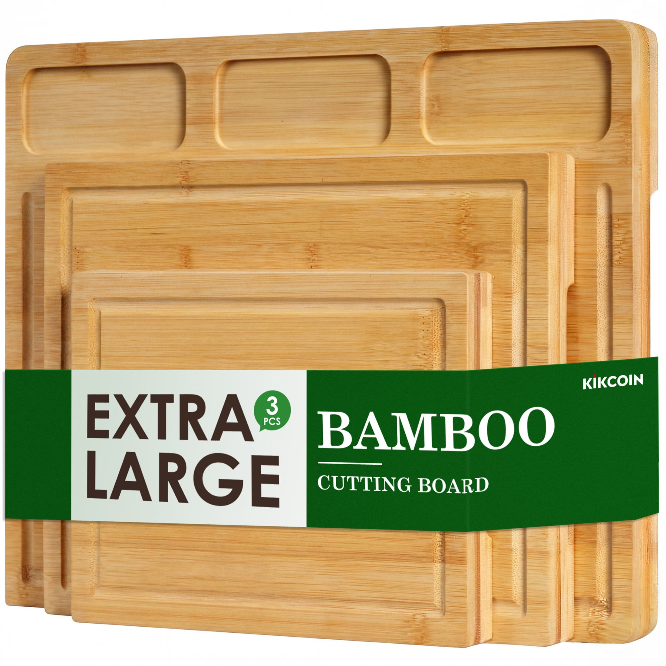 Kikcoin Cutting Board Set of 3, Bamboo Chopping Boards for Kitchen, Heavy Duty Wooden Serving Tray with Juice Groove