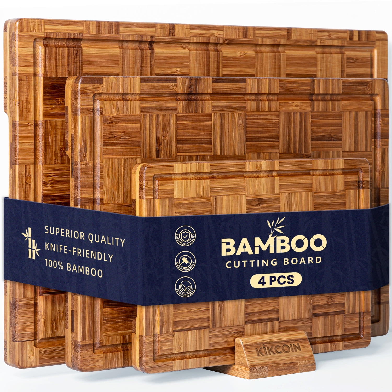 Kikcoin 4-piece Extra Large Bamboo Cutting Board, Wood Chopping Board for Kitchen with Juice Groove, Butcher Block End Grain Serving Tray