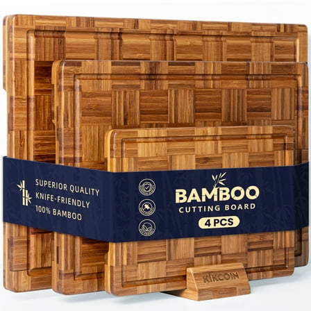 Kikcoin 4-piece Extra Large Bamboo Cutting Board, Wood Chopping Board for Kitchen with Juice Groove, Butcher Block End Grain Serving Tray