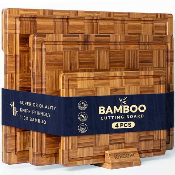 Kikcoin 4-piece Extra Large Bamboo Cutting Board, Wood Chopping Board for Kitchen with Juice Groove, Butcher Block End Grain Serving Tray