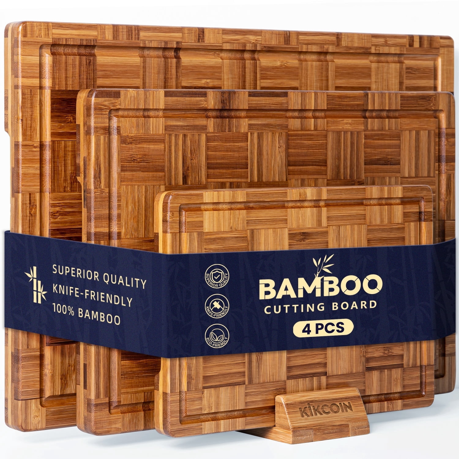 Kikcoin 4-piece Extra Large Bamboo Cutting Board, Wood Chopping Board for Kitchen with Juice Groove, Butcher Block End Grain Serving Tray