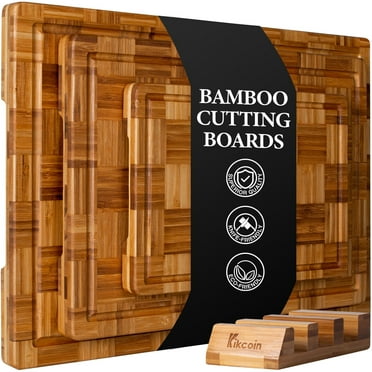 Kikcoin Extra Large Bamboo Cutting Board, (Set of 3) Wood Chopping Board for Kitchen with Juice Groove, Butcher Block End Grain Serving Tray