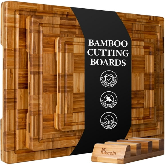 Kikcoin Extra Large Bamboo Cutting Board, (Set of 3) Wood Chopping Board for Kitchen with Juice Groove, Butcher Block End Grain Serving Tray