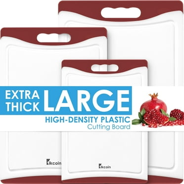Kikcoin Extra Large Cutting Boards Set of 3, Plastic Chopping Boards with Juice Grooves, Rubber Grip Handle for Kitchen, Red