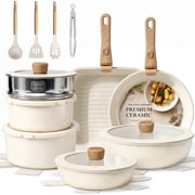 Kikcoin Ceramic Pots and Pans Set, 24-Piece Nonstick Cookware Set with Detachable Handlea, Stackable Pots Set for Kitchen, Induction and Dishwasher Safe, Beige