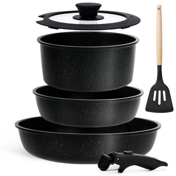 Kikcoin Pots and Pans Set, 6 Pcs Nonstick Pots and Pans with Removable Handle, Space-Saving Cookware Set for RV & Camping, Dishwasher and Oven Safe, Black
