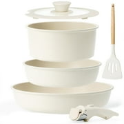 Kikcoin Pots and Pans Set, 6 Pcs Nonstick Pots and Pans with Removable Handle, Space-Saving Cookware Set for RV & Camping, Dishwasher and Oven Safe, Cream White