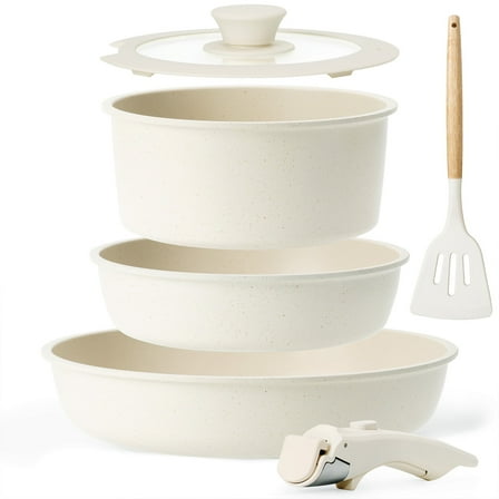 Kikcoin Pots and Pans Set, 6 Pcs Nonstick Pots and Pans with Removable Handle, Space-Saving Cookware Set for RV & Camping, Dishwasher and Oven Safe, Cream White