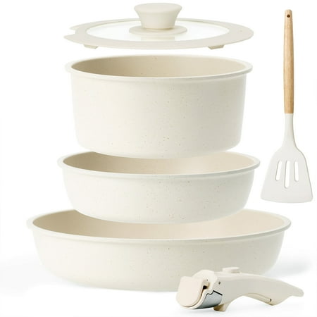 Kikcoin Pots and Pans Set, 6 Pcs Nonstick Pots and Pans with Removable Handle, Space-Saving Cookware Set for RV & Camping, Dishwasher and Oven Safe, Cream White