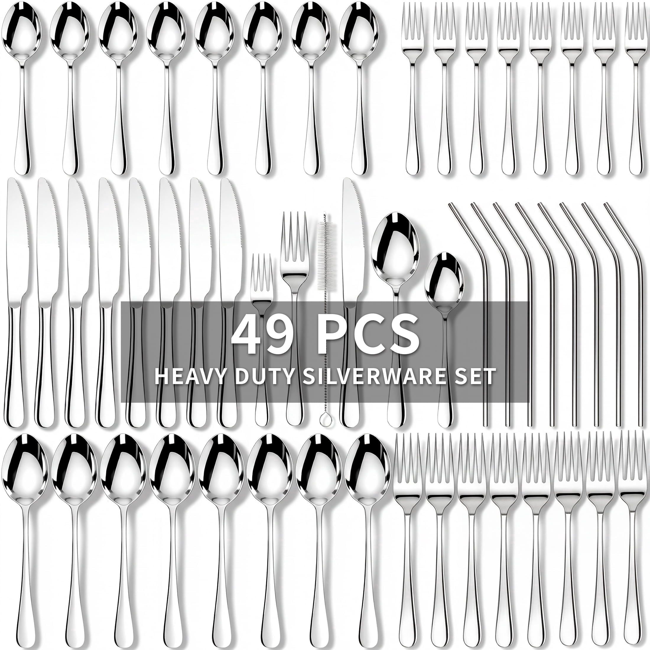 Kikcoin Silverware Set for 8, 49 Pcs Stainless Steel Flatware Set, Mirror Polished Tableware Cutlery for Home, Restaurant, Dishwasher Safe
