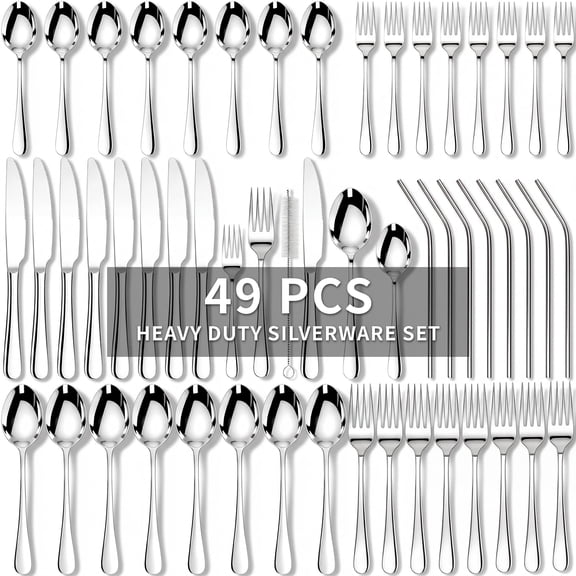 Kikcoin Silverware Set for 8, 49 Pcs Stainless Steel Flatware Set, Mirror Polished Tableware Cutlery for Home, Restaurant, Dishwasher Safe