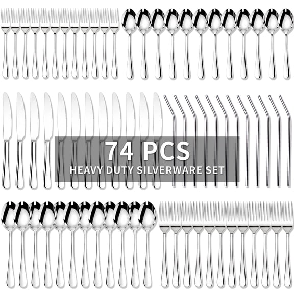 Kikcoin Silverware Set for 12, 74 Pcs Stainless Steel Flatware Set, Mirror Polished Tableware Cutlery for Home, Restaurant, Dishwasher Safe