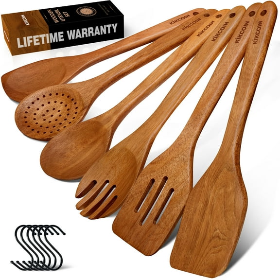 Kikcoin Wooden Cooking Utensil Set, 12 Pcs Acacia Wood Spoons for Cooking, Kitchen Utensils Set for Nonstick Pots, 6 Hooks Included, Heat Resistant