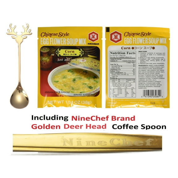 Kikkoman Chinese Style Egg Flower Soup Mix , Corn Flavor (Pack 1) Plus NineChef Brand Coffee Spoon, Made in Japan