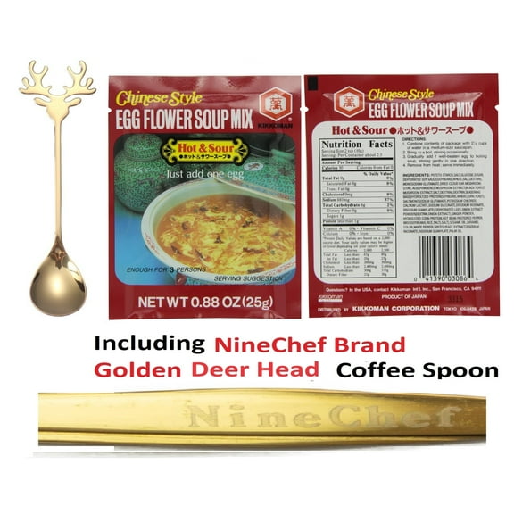 Kikkoman Chinese Style Egg Flower Soup Mix Hot Sour Flavor (Pack 1) Plus NineChef Brand Coffee Spoon, Made in Japan
