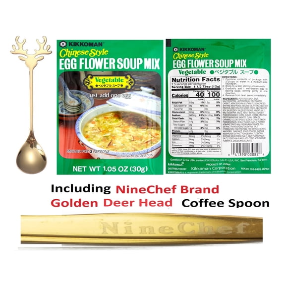 Kikkoman Chinese Style Egg Flower Soup Mix Vegetable Flavor (Pack 1) Plus NineChef Brand Coffee Spoon, Made in Japan