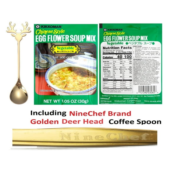 Kikkoman Chinese Style Egg Flower Soup Mix Vegetable Flavor (Pack 1) Plus NineChef Brand Coffee Spoon, Made in Japan