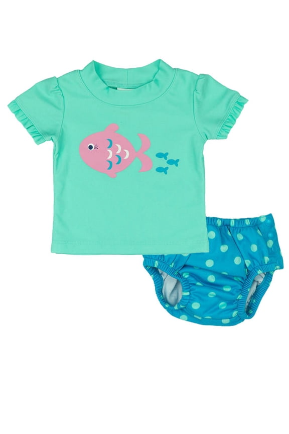 Infant Girls Mint Green Fish Swim Suit Rash Guard & Swim Diaper Cover