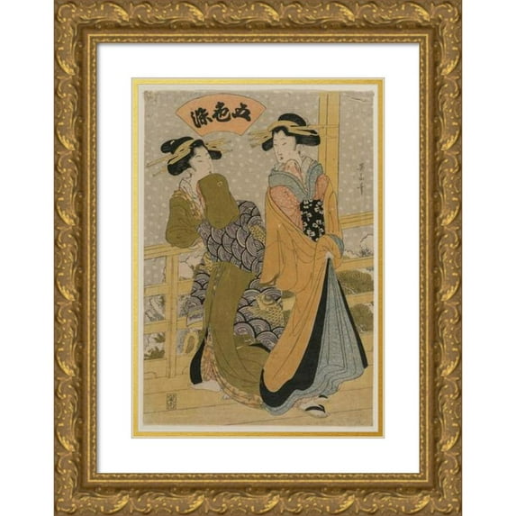 Kikukawa Eizan 11x14 Gold Ornate Wood Frame and Double Matted Museum Art Print Titled - Two Courtesans on a Balcony (From the Series Five Colors of Ink) (C. Early 1810s)