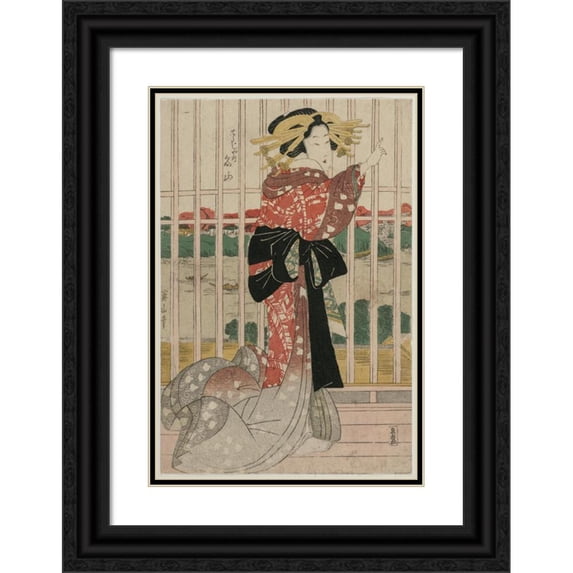 Kikukawa Eizan 14x18 Black Ornate Wood Framed Double Matted Museum Art Print Titled - The Courtesan Meizan of the Chojiya on a Balcony Overlooking the Sumida River (ca. Early or Mid 182