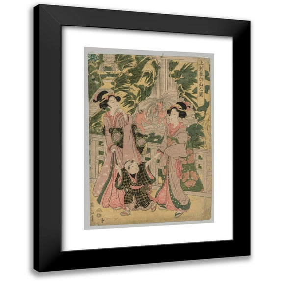 Kikukawa Eizan 18x24 Black Modern Framed Museum Art Print Titled - Two Girls and Child on Temple Bridge (1787-1867)