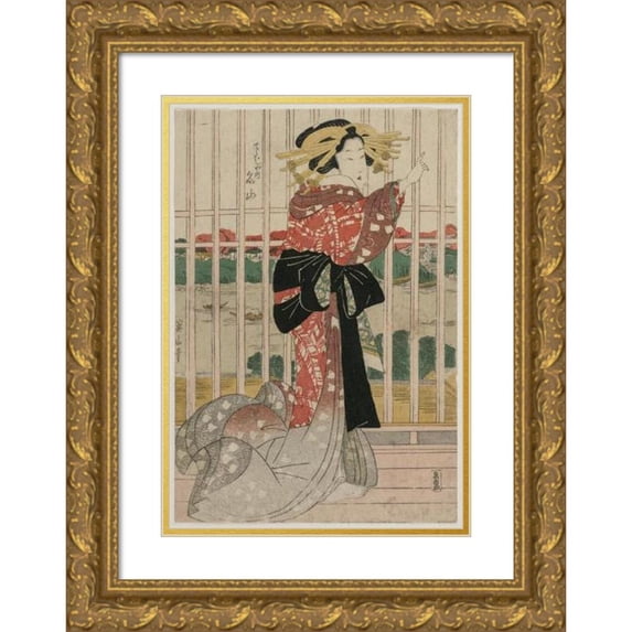 Kikukawa Eizan 18x24 Gold Ornate Framed and Double Matted Museum Art Print Titled - The Courtesan Meizan of the Chojiya on a Balcony Overlooking the Sumida River (ca. Early or Mid 1820s)