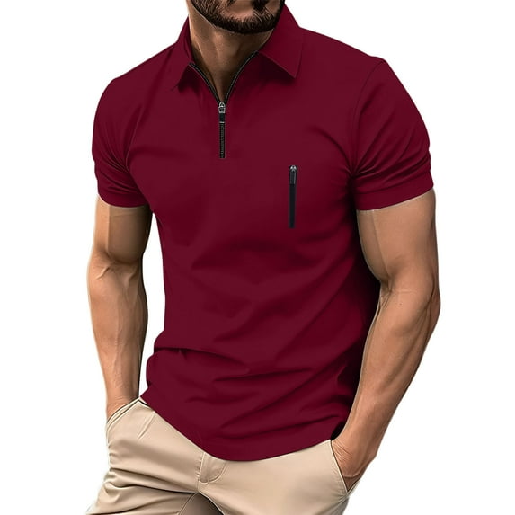 Kilaqueen 1/4 Zipper Tops for Men Lapel Short Sleeve Solid Color Retro Pullover Tops Casual Trendy Golf Sports Tops