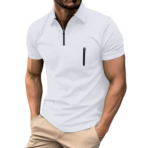 Kilaqueen 1/4 Zipper Tops for Men Lapel Short Sleeve Solid Color Retro Pullover Tops Casual Trendy Golf Sports Tops