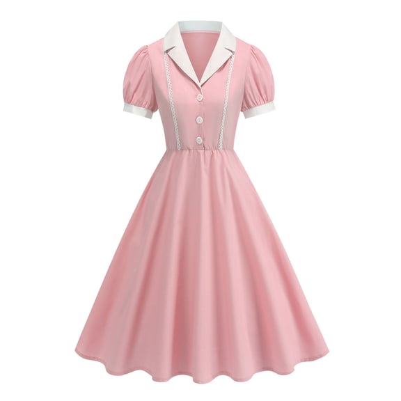 Kilaqueen 1950s Vintage Audrey Hepburn Style Dresses for Women Short Sleeve Lapel V Neck Cocktail Swing Dresses
