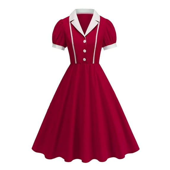 Kilaqueen 1950s Vintage Audrey Hepburn Style Dresses for Women Short Sleeve Lapel V Neck Cocktail Swing Dresses