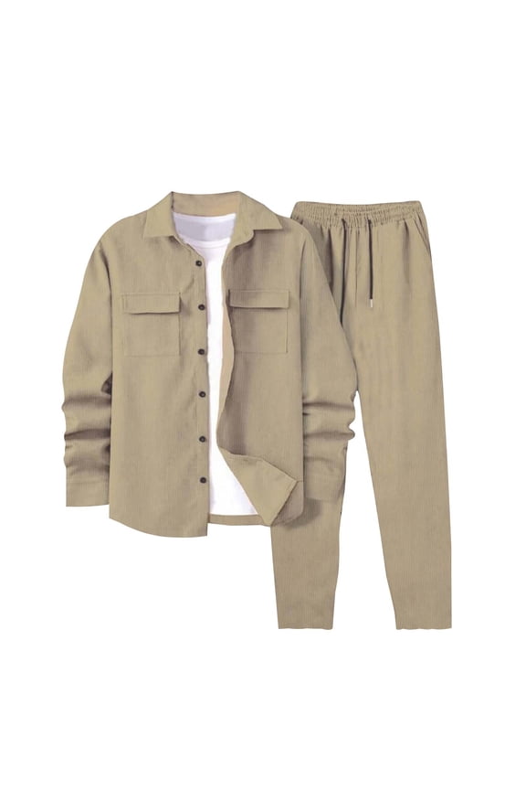 2 PC Men's Shirt Set Long Sleeve Button Down Lapel Shirt and Elastic Waist Drawstring Solid Color Casual Loose Pant