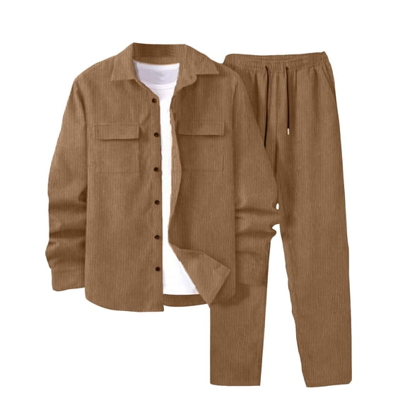 Kilaqueen 2 PC Men's Shirt Set Long Sleeve Button Down Lapel Shirt and Elastic Waist Drawstring Solid Color Casual Loose Pant