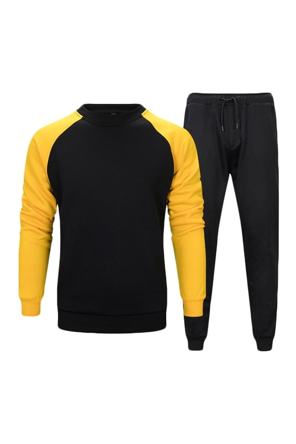 2 PC Mens Set Crew Neck Long Sleeve Color Block Pullover Tops and Solid Color Elastic Waist Drawstring Pants