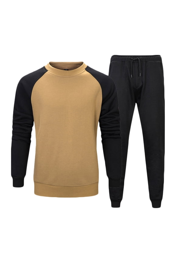 2 PC Mens Set Crew Neck Long Sleeve Color Block Pullover Tops and Solid Color Elastic Waist Drawstring Pants