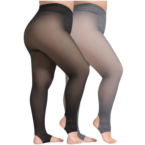 Kilaqueen 2 PC Plus Size Fleece Lined Tights for Women Fake Translucent Thermal Pantyhose Casual Tummy Control Lightweight Leggings