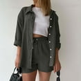 thumbnail image 1 of Kilaqueen 2 Piece Linen Sets for Women Casual 3/4 Sleeve Button Down Shirt and Drawstring Shorts Sets Summer Outfits Loose Lounge Tracksuit, 1 of 6