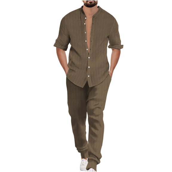 Kilaqueen 2-Piece Men's Set Long Sleeve Button-Down Crew Neck Shirt and Solid Color Casual Loose Pant