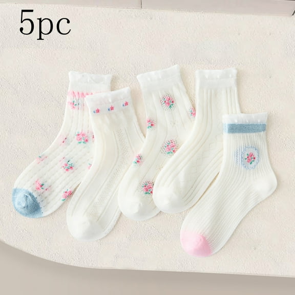 Kilaqueen 3-14 Years Toddler Baby Girl Lace Mesh Crew Socks, Princess Mary Jane Dress Socks, 5 Pairs Girls Cute Sweet Floral Socks
